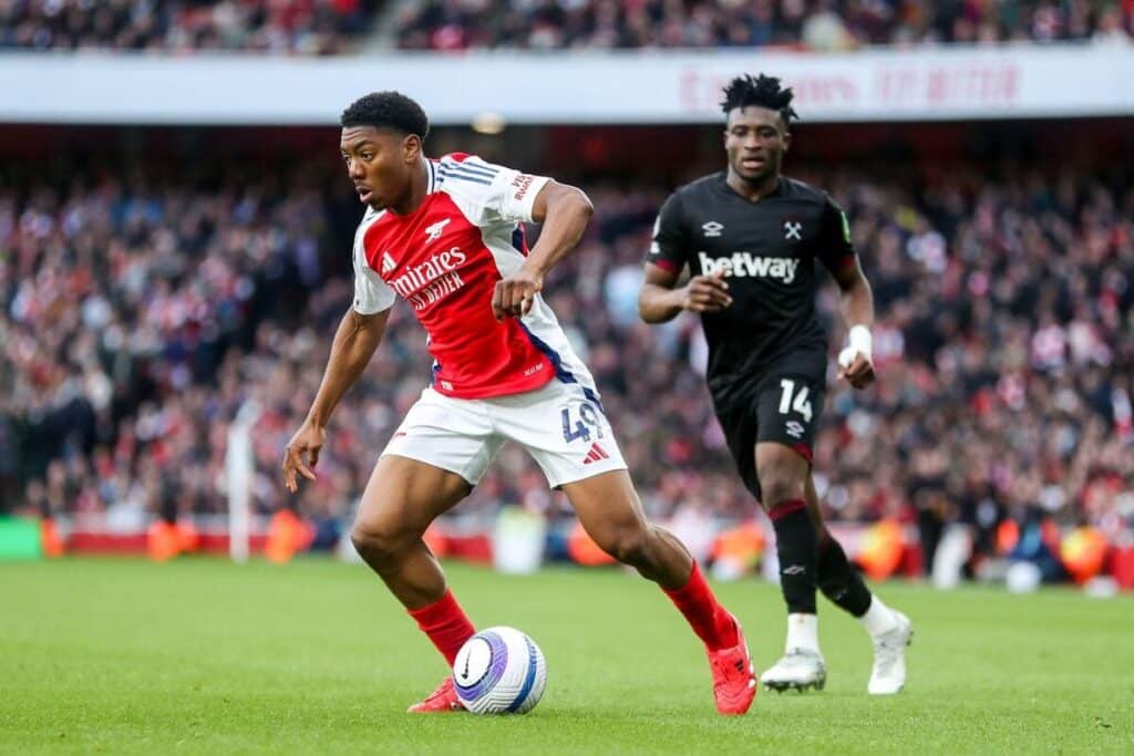 Footballer Myles Lewis-Skelly playing for Arsenal Football Club