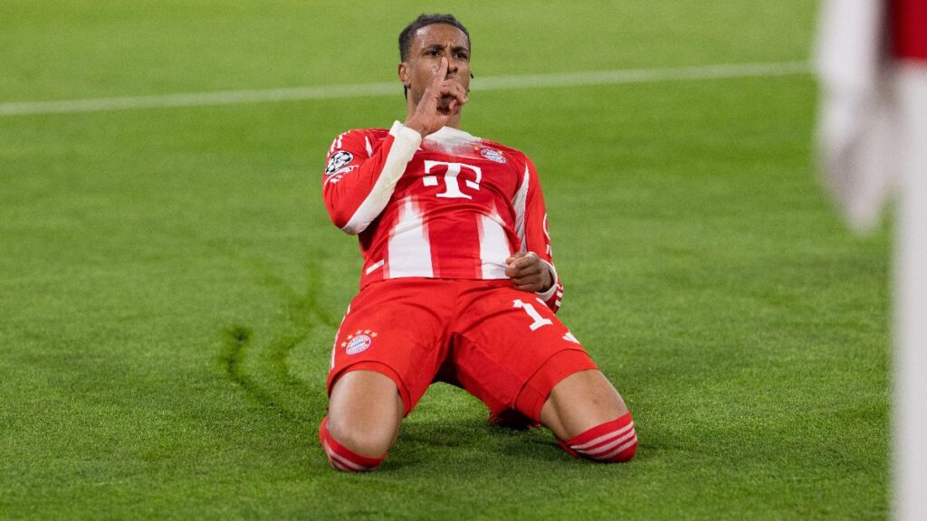 Michael Olise celebrates his game-sealing goal for Bayern vs Real Madrid