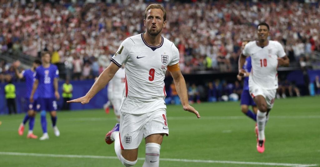 Harry Kane celebrates scoring a penalty for England against Croatia at the 2026 World Cup