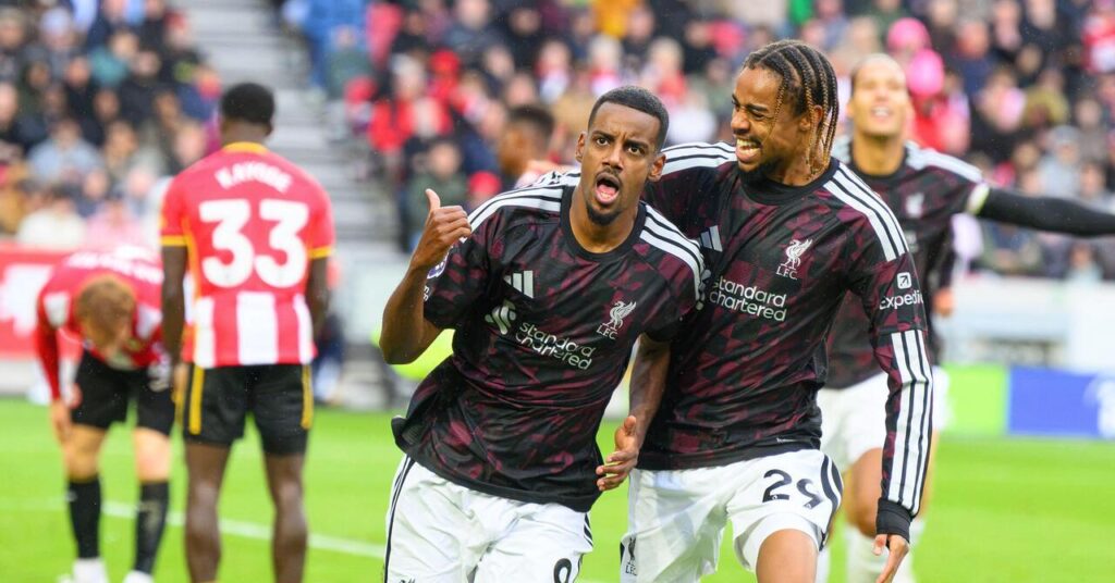 Alexander Isak celebrates his winning goal for Liverpool at Brentford with team-mate Bradley Barcola