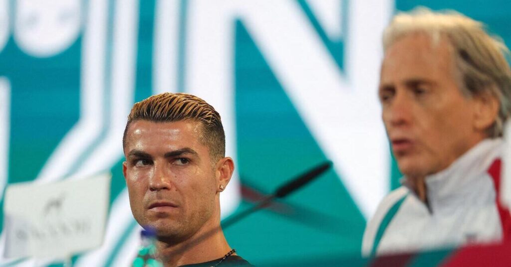 Cristiano Ronaldo glares at Portugal boss Jorge Jesus during a press conference